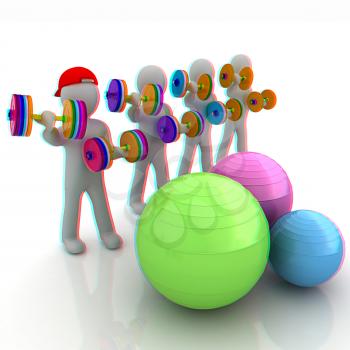 3d mans with fitness balls and dumbells. 3D illustration. Anaglyph. View with red/cyan glasses to see in 3D.