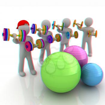 3d mans with fitness balls and dumbells. 3D illustration. Anaglyph. View with red/cyan glasses to see in 3D.