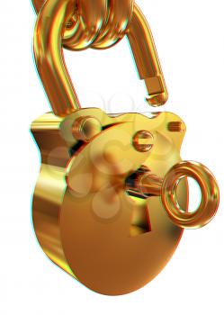Vintage old padlock unlocked. 3D illustration. Anaglyph. View with red/cyan glasses to see in 3D.