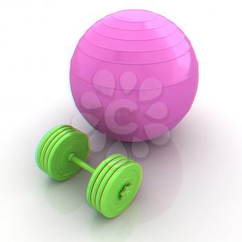 Fitness ball and dumbell. 3D illustration. Anaglyph. View with red/cyan glasses to see in 3D.