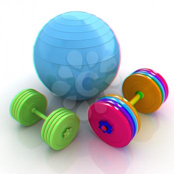 Fitness ball and dumbell. 3D illustration. Anaglyph. View with red/cyan glasses to see in 3D.