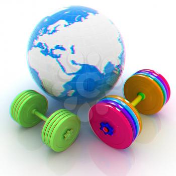 dumbbells and earth. 3D illustration. Anaglyph. View with red/cyan glasses to see in 3D.