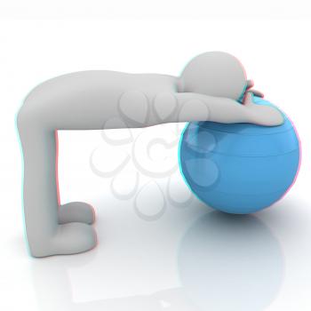 3d man exercising position on fitness ball. My biggest pilates series. 3D illustration. Anaglyph. View with red/cyan glasses to see in 3D.