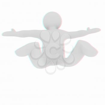 Flying 3d man on white background. 3D illustration. Anaglyph. View with red/cyan glasses to see in 3D.