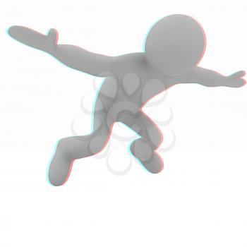 Flying 3d man on white background. 3D illustration. Anaglyph. View with red/cyan glasses to see in 3D.