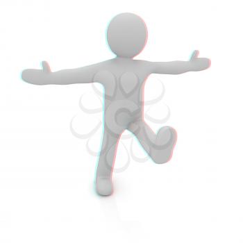3d man isolated on white. Series: morning exercises - hands in sides and one leg is exposed forward. 3D illustration. Anaglyph. View with red/cyan glasses to see in 3D.