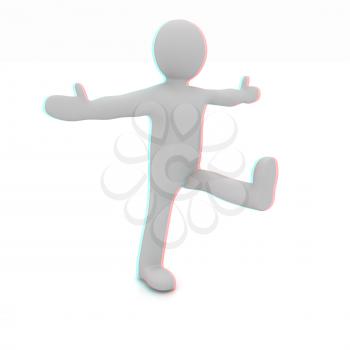 3d man isolated on white. Series: morning exercises - hands in sides and one leg is exposed forward. 3D illustration. Anaglyph. View with red/cyan glasses to see in 3D.
