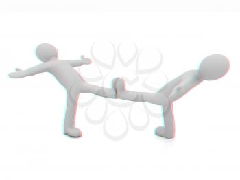 3d mans isolated on white. Series: morning exercises - hands in sides and one leg is exposed forward. 3D illustration. Anaglyph. View with red/cyan glasses to see in 3D.