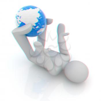 3d man exercising position on Earth - fitness ball. My biggest Global pilates series. 3D illustration. Anaglyph. View with red/cyan glasses to see in 3D.