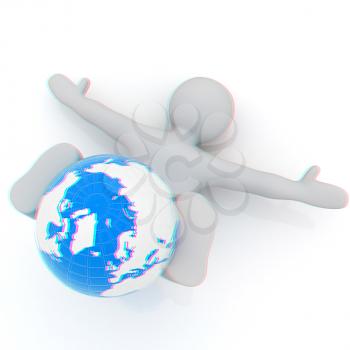 3d man exercising position on Earth - fitness ball. My biggest Global pilates series. 3D illustration. Anaglyph. View with red/cyan glasses to see in 3D.