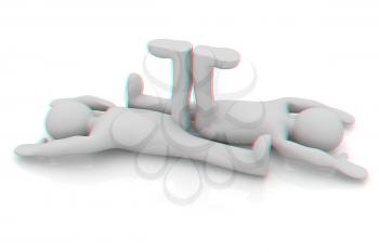 3d mans isolated on white. Series: morning exercises - flexibility exercises and stretching. 3D illustration. Anaglyph. View with red/cyan glasses to see in 3D.