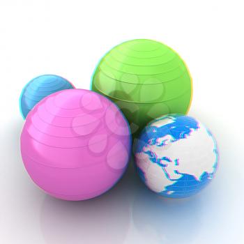 Pilates fitness ball and earth. 3D illustration. Anaglyph. View with red/cyan glasses to see in 3D.
