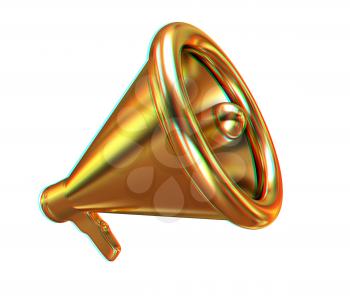 Gold loudspeaker as announcement icon. Illustration on white. 3D illustration. Anaglyph. View with red/cyan glasses to see in 3D.