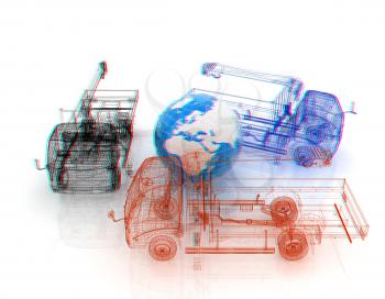 3d model truck and Earth. Global concept. 3D illustration. Anaglyph. View with red/cyan glasses to see in 3D.
