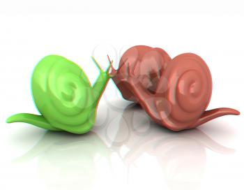 3d fantasy animals, snails on white background . 3D illustration. Anaglyph. View with red/cyan glasses to see in 3D.