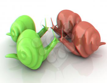 3d fantasy animals, snails on white background . 3D illustration. Anaglyph. View with red/cyan glasses to see in 3D.