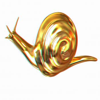 3d fantasy animal, gold snail on white background . 3D illustration. Anaglyph. View with red/cyan glasses to see in 3D.