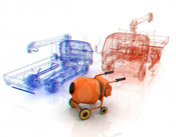 3d model concrete mixer and truck. 3D illustration. Anaglyph. View with red/cyan glasses to see in 3D.