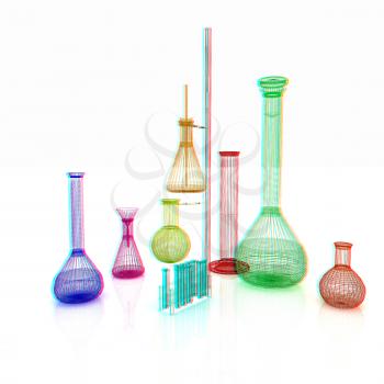 Chemistry set, with test tubes, and beakers filled with colored liquids. 3D illustration. Anaglyph. View with red/cyan glasses to see in 3D.