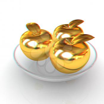Gold apples on a plate. 3D illustration. Anaglyph. View with red/cyan glasses to see in 3D.