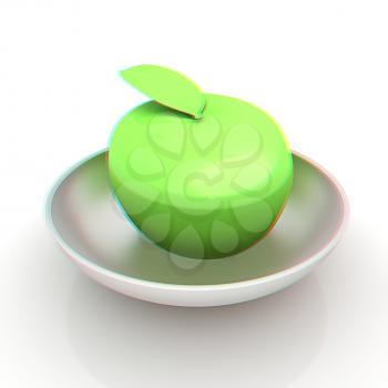 apple in a plate on white. 3D illustration. Anaglyph. View with red/cyan glasses to see in 3D.