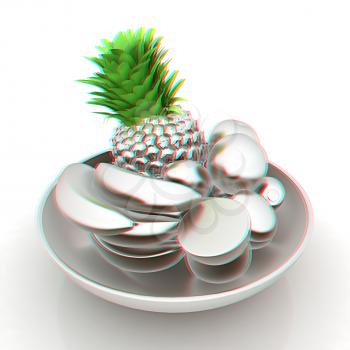 Metall citrus in a dish. 3D illustration. Anaglyph. View with red/cyan glasses to see in 3D.