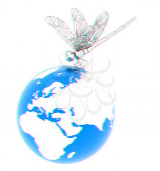 Dragonfly on earth. 3D illustration. Anaglyph. View with red/cyan glasses to see in 3D.