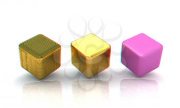 set of all metal cubes of gold, black gold, pink plastic. 3D illustration. Anaglyph. View with red/cyan glasses to see in 3D.