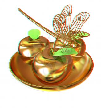 Dragonfly on gold apples. 3D illustration. Anaglyph. View with red/cyan glasses to see in 3D.