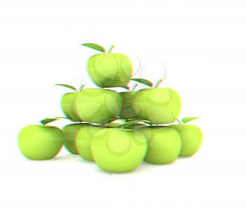 Piramid of apples on a white. 3D illustration. Anaglyph. View with red/cyan glasses to see in 3D.