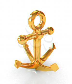 Gold anchor. 3D illustration. Anaglyph. View with red/cyan glasses to see in 3D.
