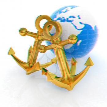 Gold anchors and Earth. 3D illustration. Anaglyph. View with red/cyan glasses to see in 3D.