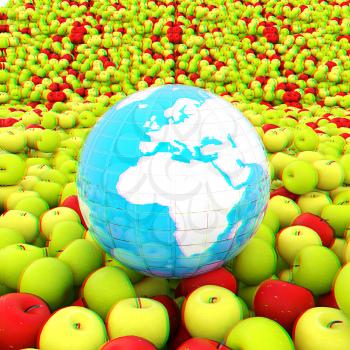 apples background and Earth. Global concept Thanksgiving Day. 3D illustration. Anaglyph. View with red/cyan glasses to see in 3D.