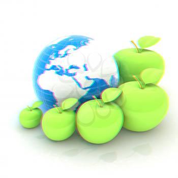 Earth and apples around - from the smallest to largest. Global dieting concept. 3D illustration. Anaglyph. View with red/cyan glasses to see in 3D.