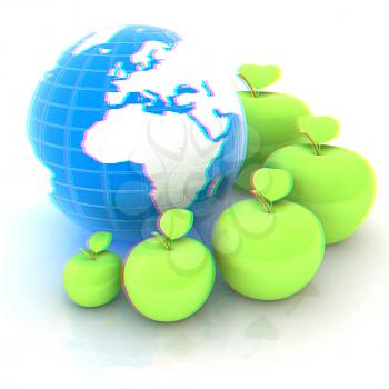 Earth and apples around - from the smallest to largest. Global dieting concept. 3D illustration. Anaglyph. View with red/cyan glasses to see in 3D.