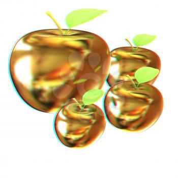 Gold apples. 3D illustration. Anaglyph. View with red/cyan glasses to see in 3D.