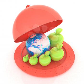 Earth and apples around - from the smallest to largest on Serving dome or Cloche. Global dieting concept. 3D illustration. Anaglyph. View with red/cyan glasses to see in 3D.