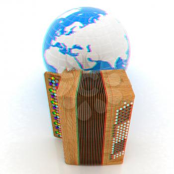 Musical instrument - retro bayan and Earth. 3D illustration. Anaglyph. View with red/cyan glasses to see in 3D.