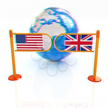 Three-dimensional image of the turnstile and flags of USA and UK on a white background . 3D illustration. Anaglyph. View with red/cyan glasses to see in 3D.