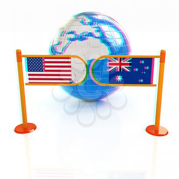 Three-dimensional image of the turnstile and flags of USA and Australia on a white background . 3D illustration. Anaglyph. View with red/cyan glasses to see in 3D.