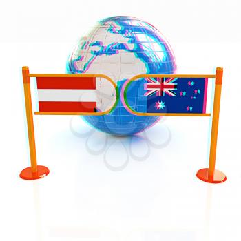 Three-dimensional image of the turnstile and flags of Australia and Austria on a white background . 3D illustration. Anaglyph. View with red/cyan glasses to see in 3D.