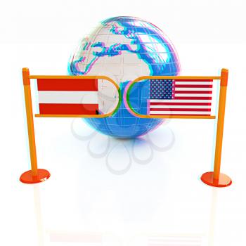 Three-dimensional image of the turnstile and flags of USA and Austria on a white background . 3D illustration. Anaglyph. View with red/cyan glasses to see in 3D.