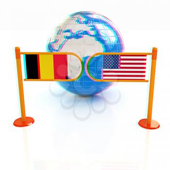 Three-dimensional image of the turnstile and flags of USA and Belgium on a white background . 3D illustration. Anaglyph. View with red/cyan glasses to see in 3D.