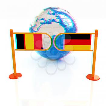 Three-dimensional image of the turnstile and flags of Germany and Belgium on a white background . 3D illustration. Anaglyph. View with red/cyan glasses to see in 3D.