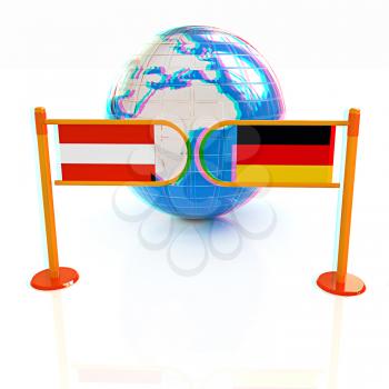 Three-dimensional image of the turnstile and flags of Germany and Austria on a white background . 3D illustration. Anaglyph. View with red/cyan glasses to see in 3D.