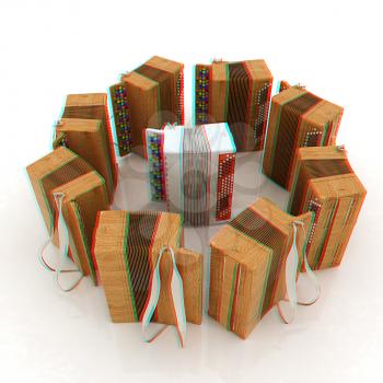 Musical instruments - retro bayans. 3D illustration. Anaglyph. View with red/cyan glasses to see in 3D.