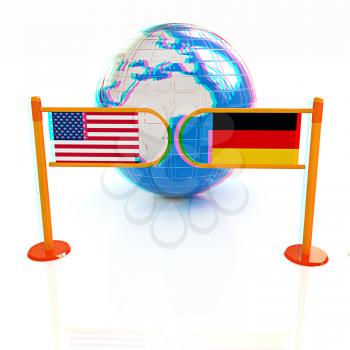 Three-dimensional image of the turnstile and flags of USA and Germany on a white background . 3D illustration. Anaglyph. View with red/cyan glasses to see in 3D.