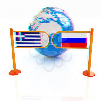Three-dimensional image of the turnstile and flags of Russia and Greece on a white background . 3D illustration. Anaglyph. View with red/cyan glasses to see in 3D.