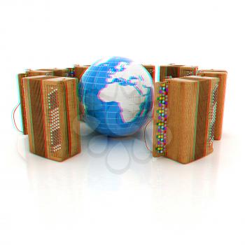 Musical instruments - retro bayans and Earth. 3D illustration. Anaglyph. View with red/cyan glasses to see in 3D.