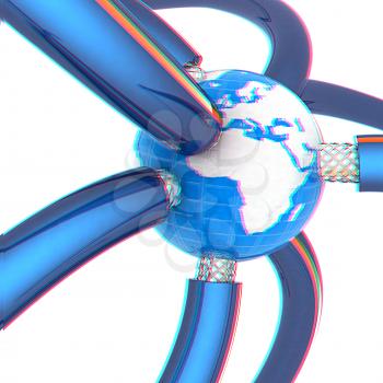 Cables for high tech connect and Earth. 3D illustration. Anaglyph. View with red/cyan glasses to see in 3D.